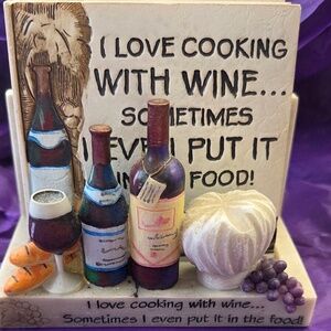 I Love Cooking With Wine 5 Piece Coaster Set 4 Square Tiles and Holder